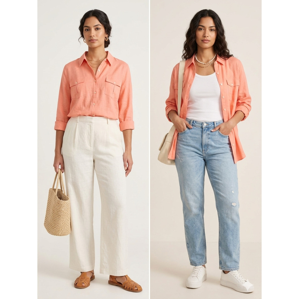 NWOT CHADWICK'S Coral pink womens Linen blend thick utility Shirt Size PXL